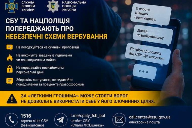 СБУ та Нацполіція попереджають про небезпечні схеми вербування