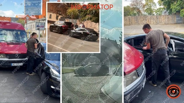 В центре Днепра водитель Tesla дрифтовал, врезался в маршрутку и чуть не влетел в остановку