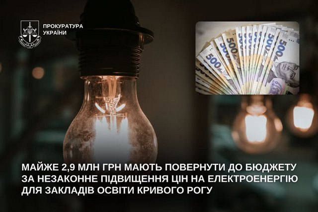 Почти 2,9 млн грн должны вернуть в бюджет за незаконное повышение цен на электроэнергию для учебных заведений Кривого Рога