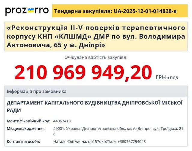 На реконструкцию терапевтического корпуса больницы скорой помощи в Днепре выделяют 211 миллионов гривен